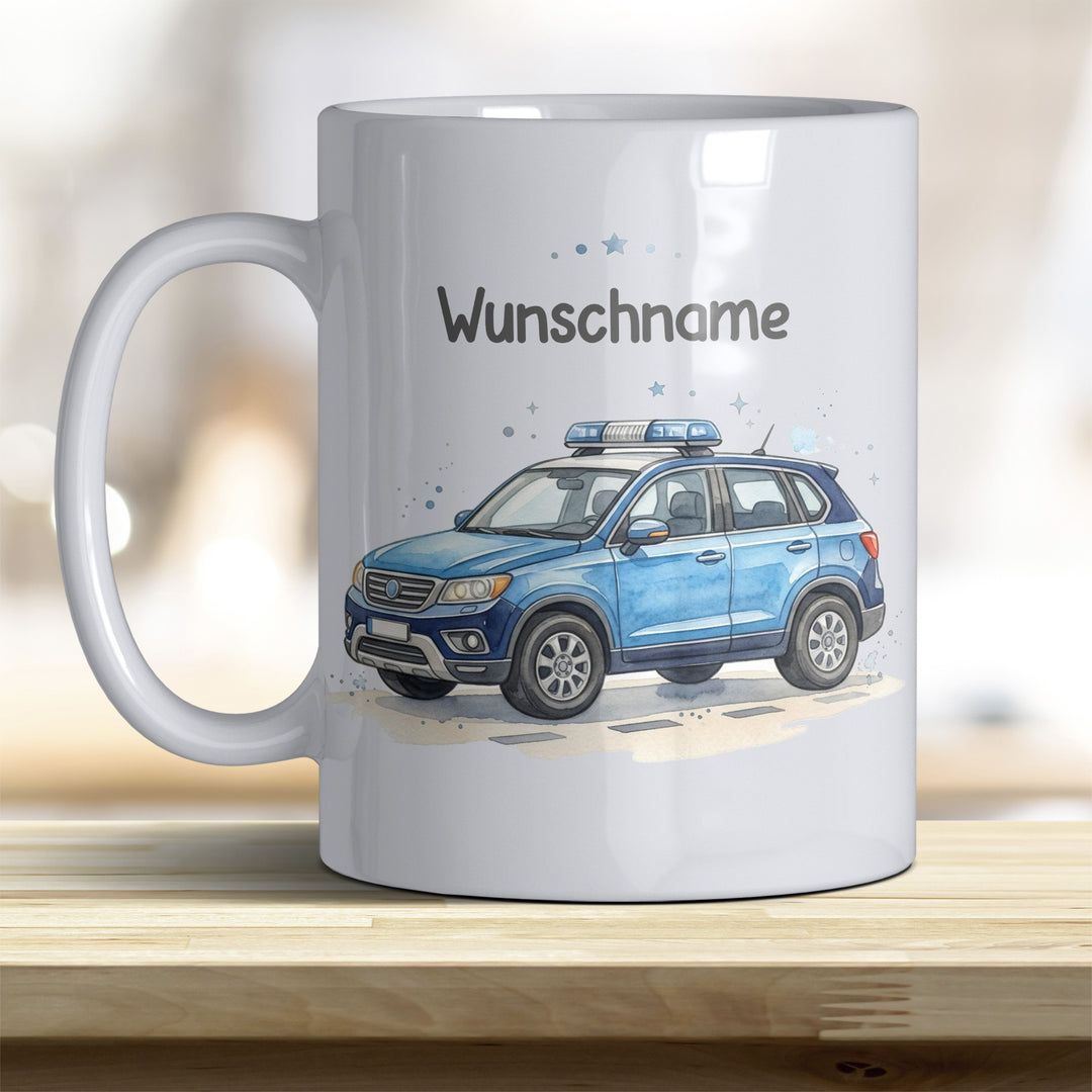 Kindertasse Polizeiauto personalisierbar mit Namen in verschiedenen Farben