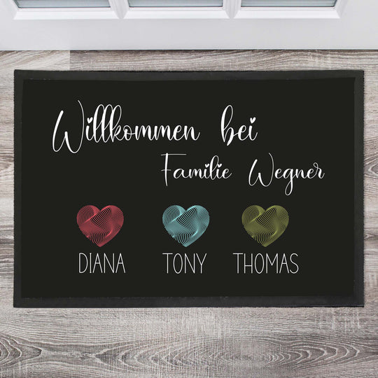 Willkommen bei Familie mit bunten Herzen Fußmatte, Schmutzfangmatte, Fußmatte personalisiert, Türmatte, Personalisierte Fußmatte, Geschenk zum Einzug - all - yours24