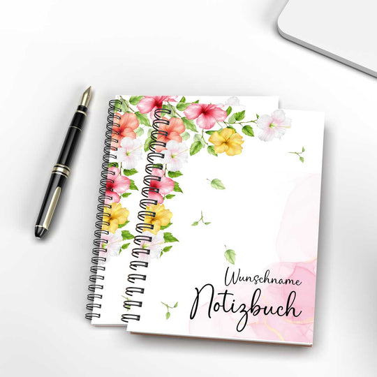 Notizbuch DIN A5 personalisiert Blumen Hibiskus Name kariert gepunktet liniert