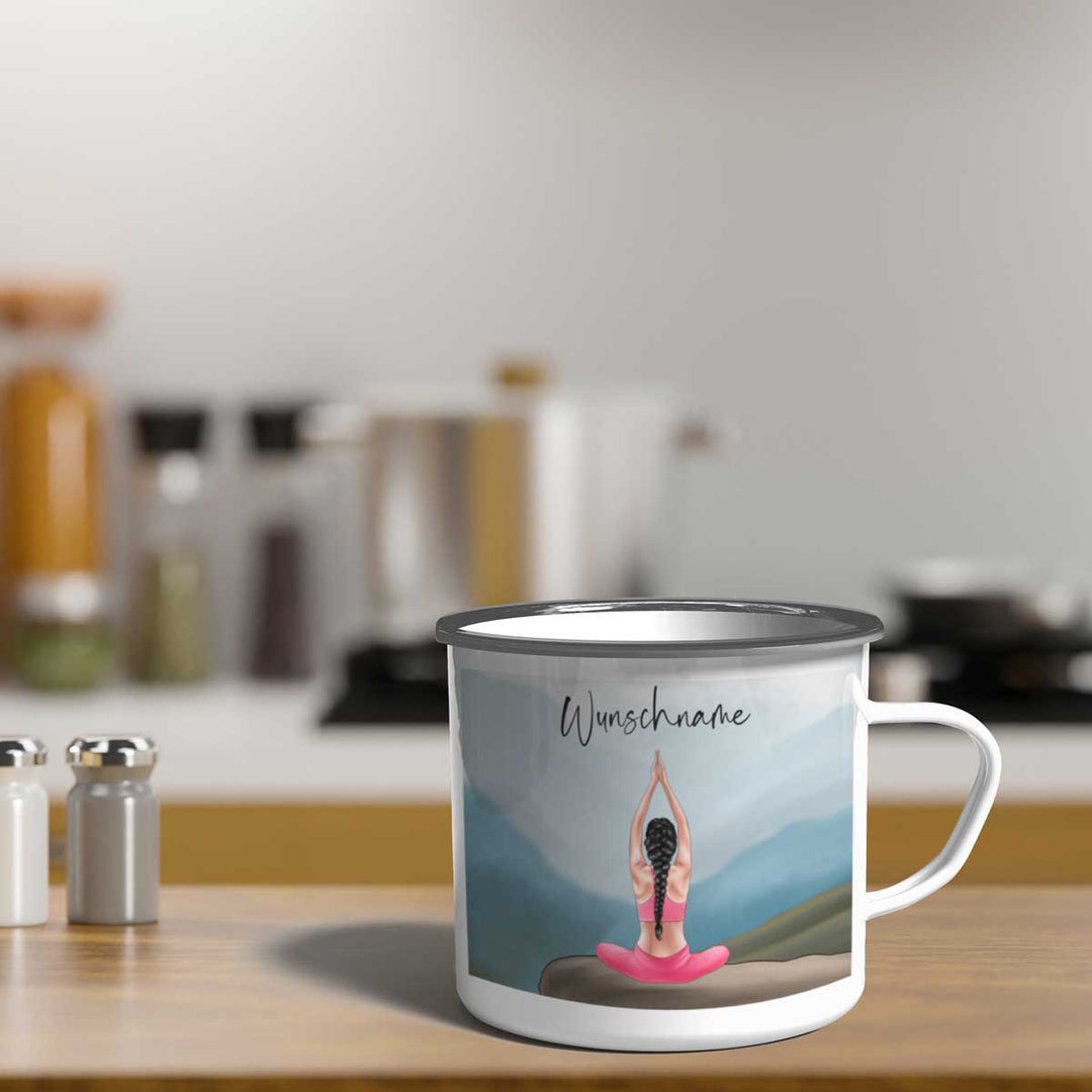 all - yours24 Emailletasse Yoga Frau mit Name Geschenkideen Geschenk Emaille - Tasse - all - yours24