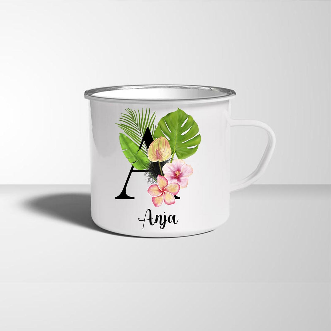 Emailletasse Blumen Name Rahmen Initialen Anfangsbuchstabe Geschenkideen Tasse mit Spruch Geschenke Kaffee - Tasse - all - yours24
