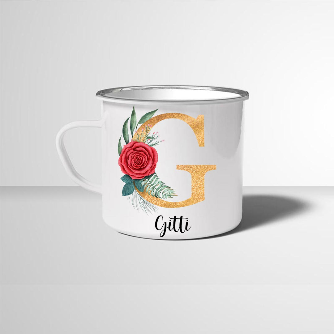 Emailletasse Rosen Name Initialen Anfangsbuchstabe gold Geschenkideen Tasse mit Spruch Geschenke Kaffee - Tasse - all - yours24