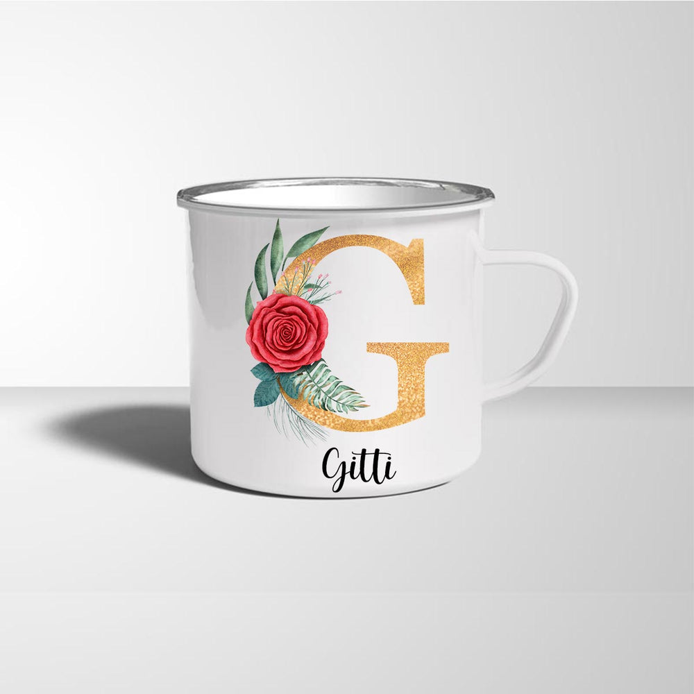 Emailletasse Rosen Name Initialen Anfangsbuchstabe gold Geschenkideen Tasse mit Spruch Geschenke Kaffee - Tasse - all - yours24