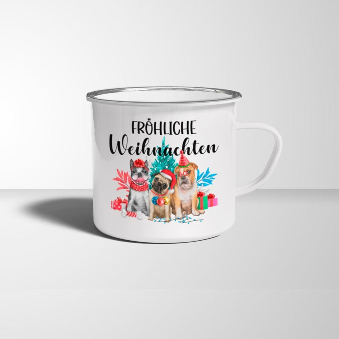 Fröhliche Weihnachten Dogs Hunde Emaille Becher weiß silberner Rand - all - yours24