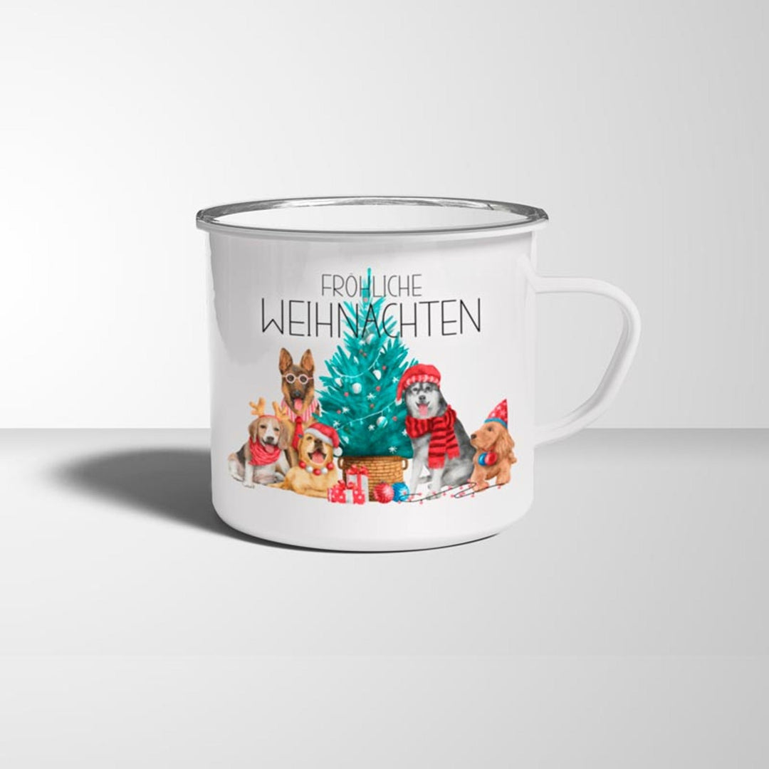 Fröhliche Weihnachten Hunde Dogs Emaille Becher weiß silberner Rand - all - yours24