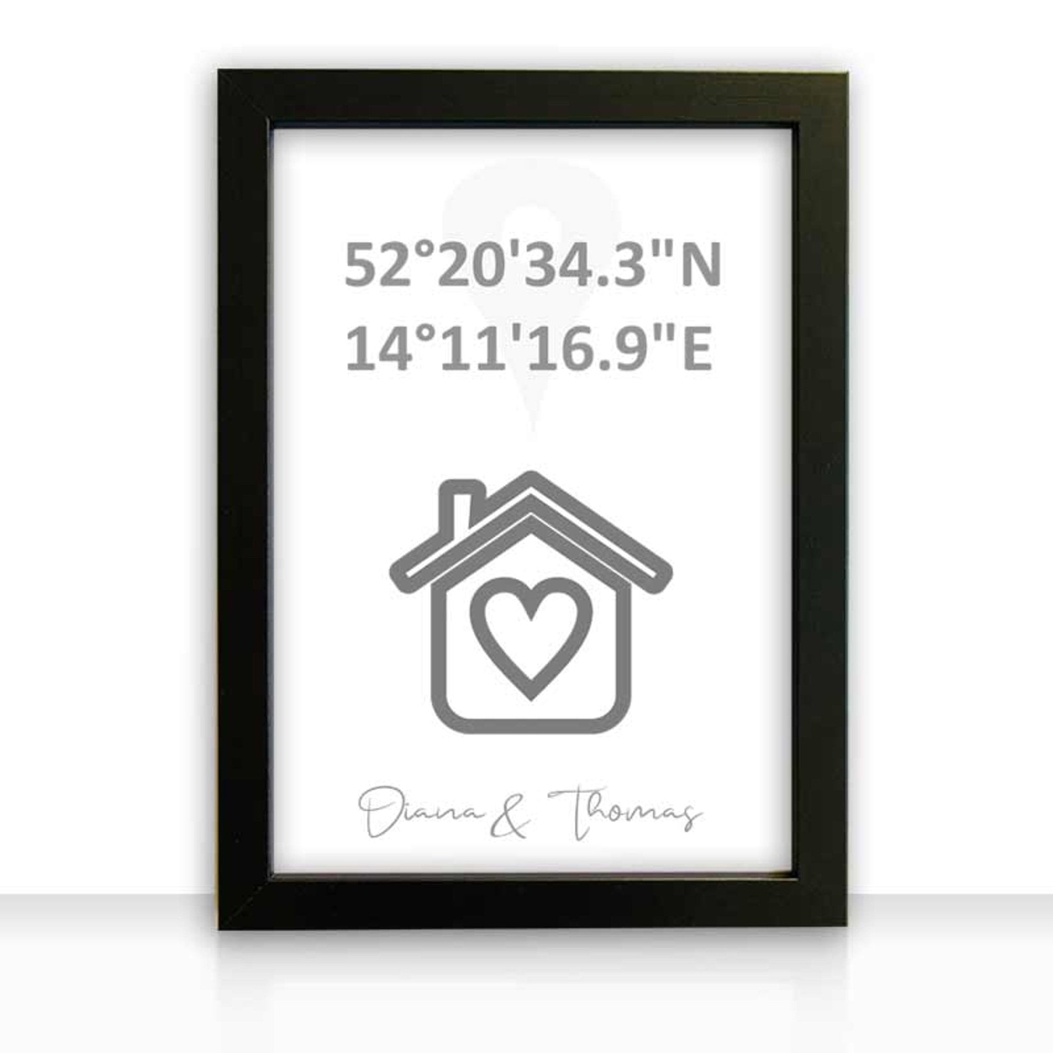 Geschenkidee Bild personalisiert " our home " mit GPS Koordinaten - all - yours24