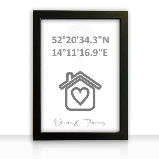 Geschenkidee Bild personalisiert " our home " mit GPS Koordinaten - all - yours24