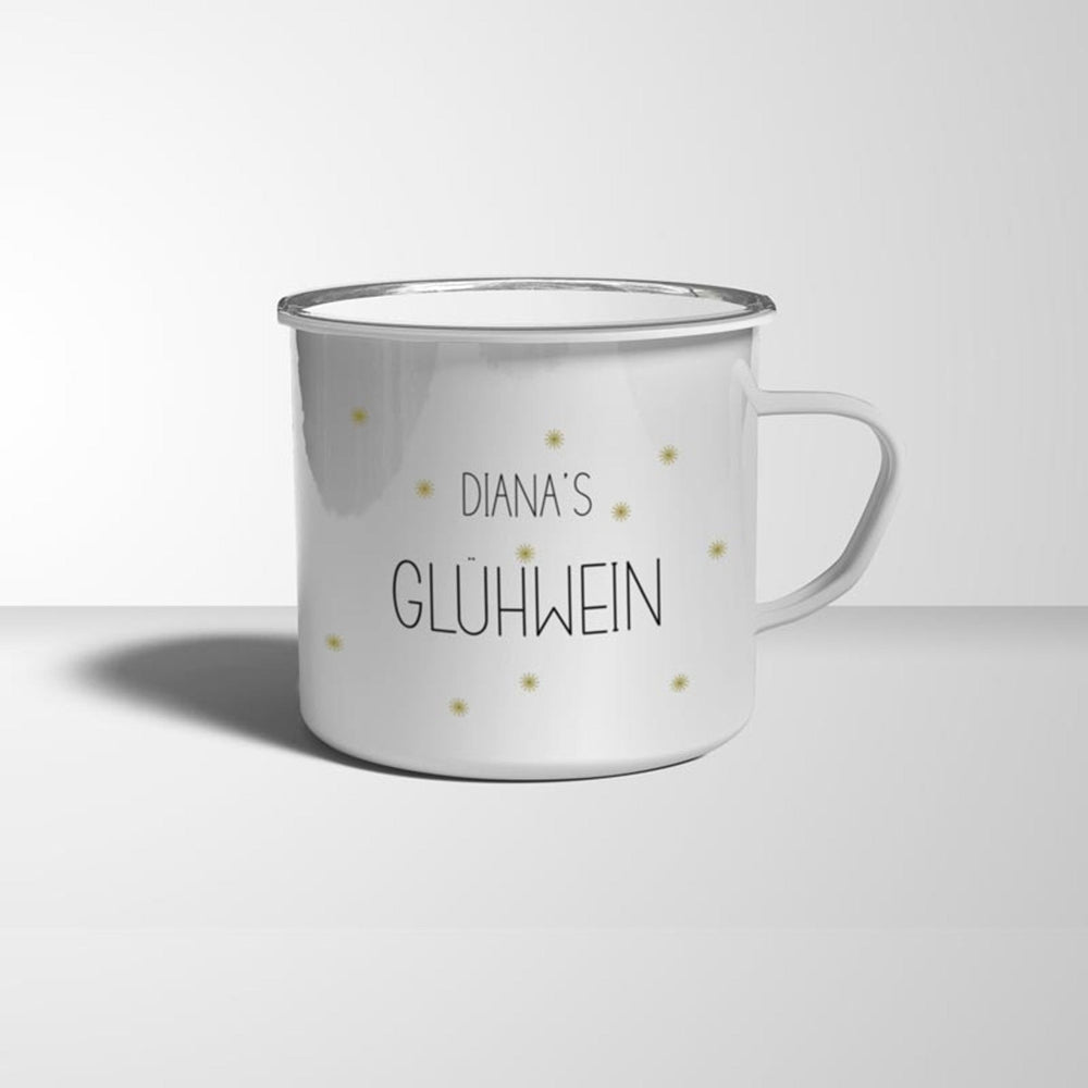 Glühwein Emaille Becher weiß silberner Rand personalisiert mit Namen - all - yours24