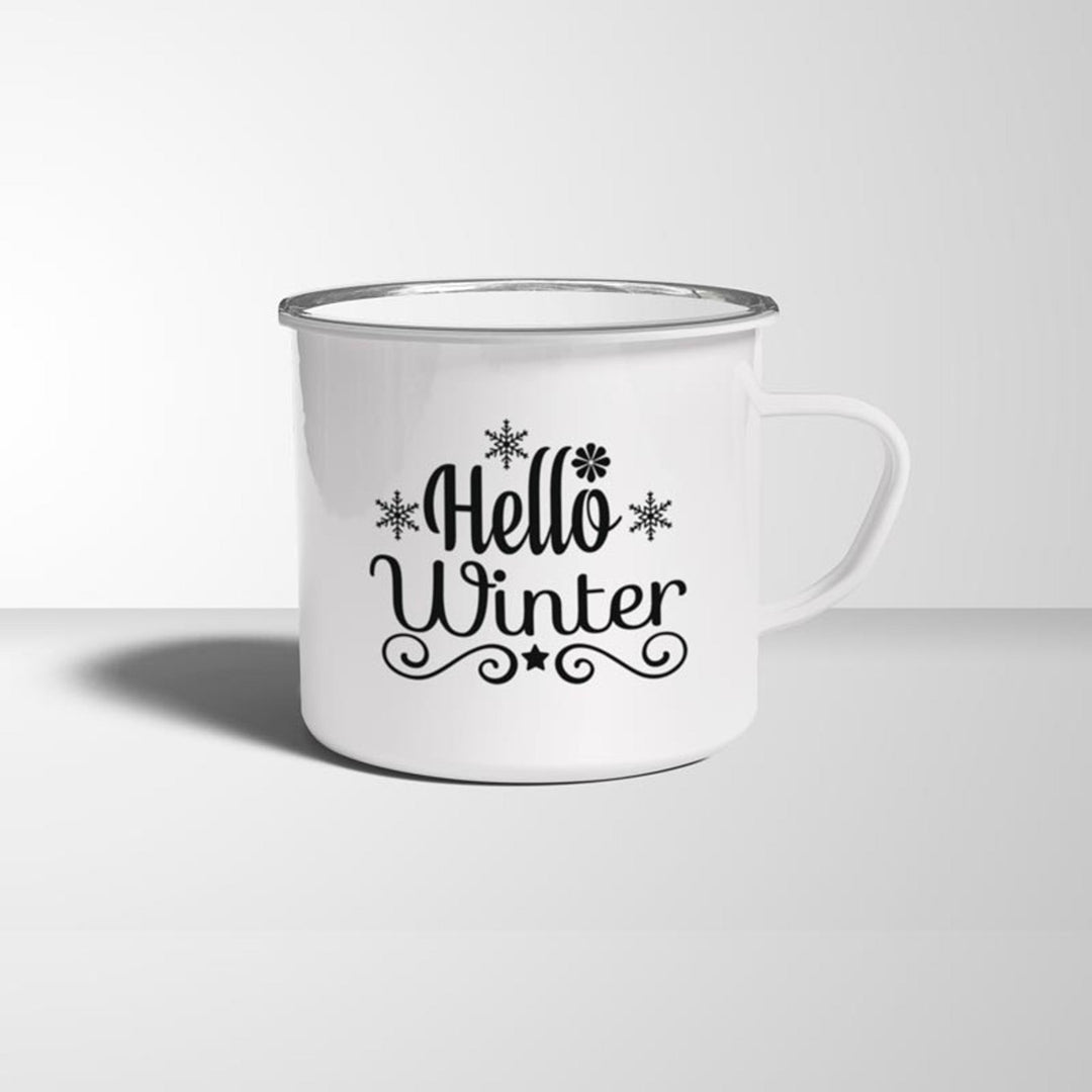 Hello Winter Emaille Becher weiß silberner Rand - all - yours24