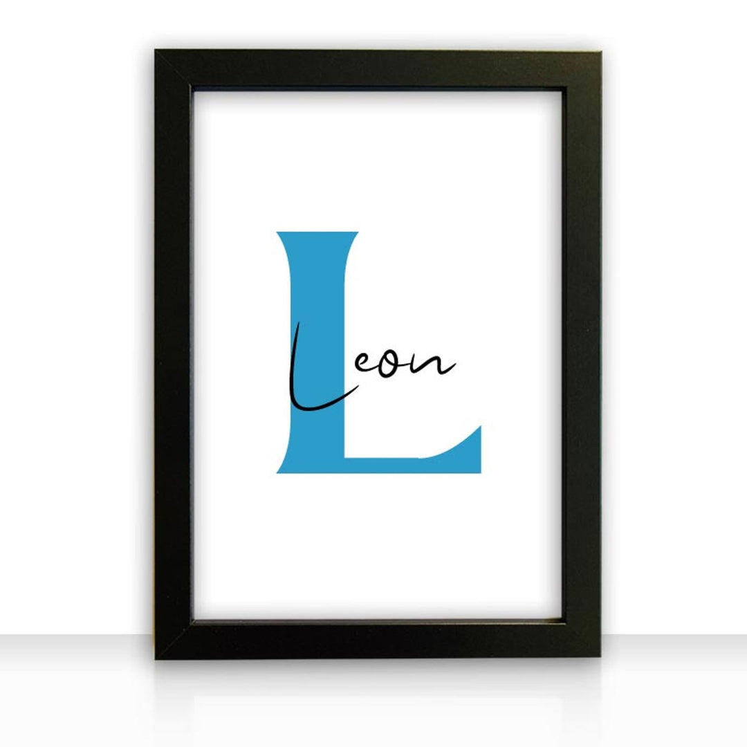 Kunstdruck Poster Bild ANFANGSBUCHSTABE blau MIT NAMEN in edlem schwarzen Bilderrahmen - all - yours24