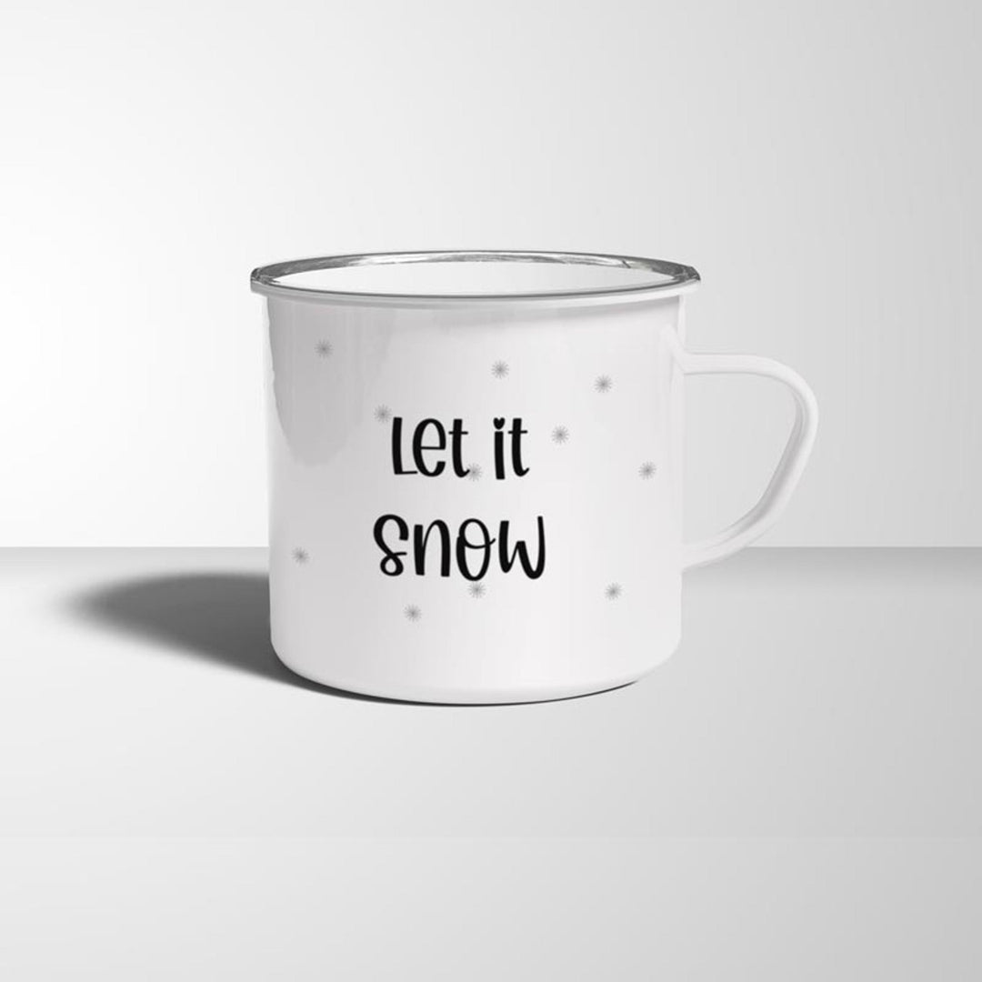 let it snow Emaille Becher weiß silberner Rand - all - yours24