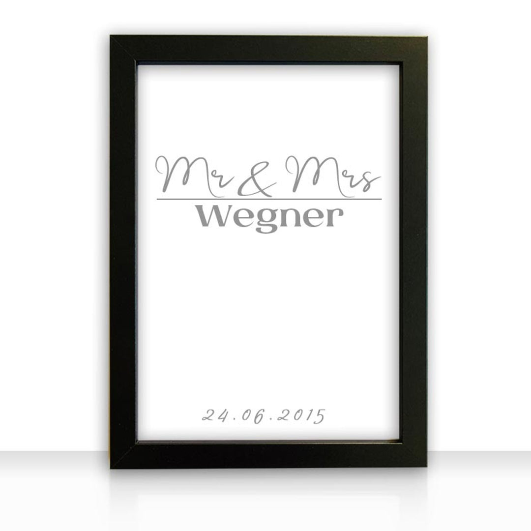 Kunstdruck Poster Bild Mr & Mrs II mit edlem schwarzen Bilderrahmen personalisiert