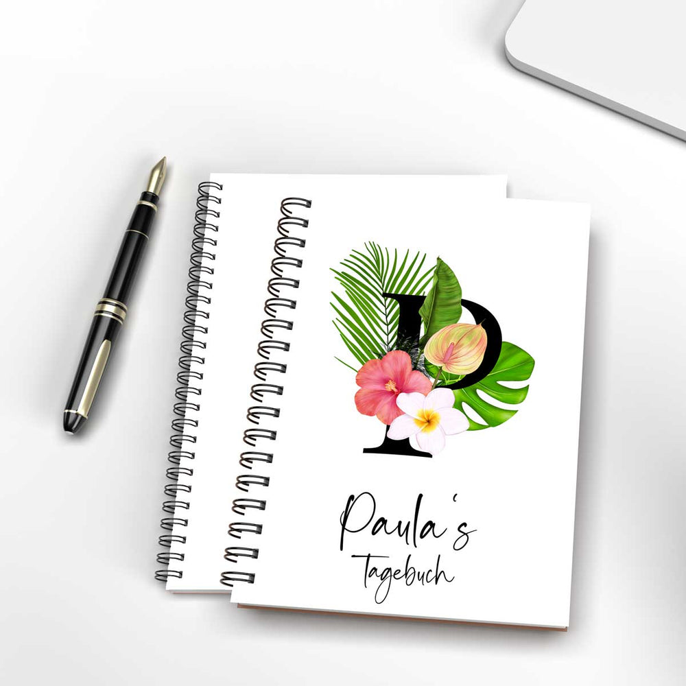 Notizbuch DIN A5 personalisiert Blumen Anfangsbuchstabe Name kariert gepunktet liniert - all - yours24