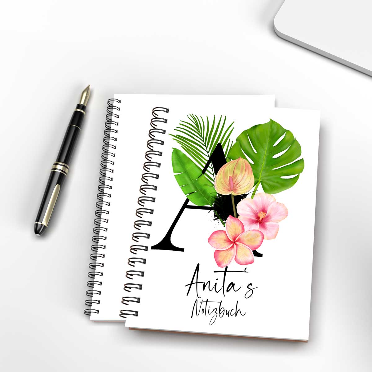 Notizbuch DIN A5 personalisiert Blumen Anfangsbuchstabe Name kariert gepunktet liniert - all - yours24