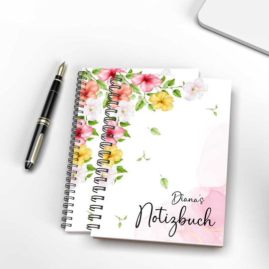 Notizbuch DIN A5 personalisiert Blumen Hibiskus Name kariert gepunktet liniert - all - yours24