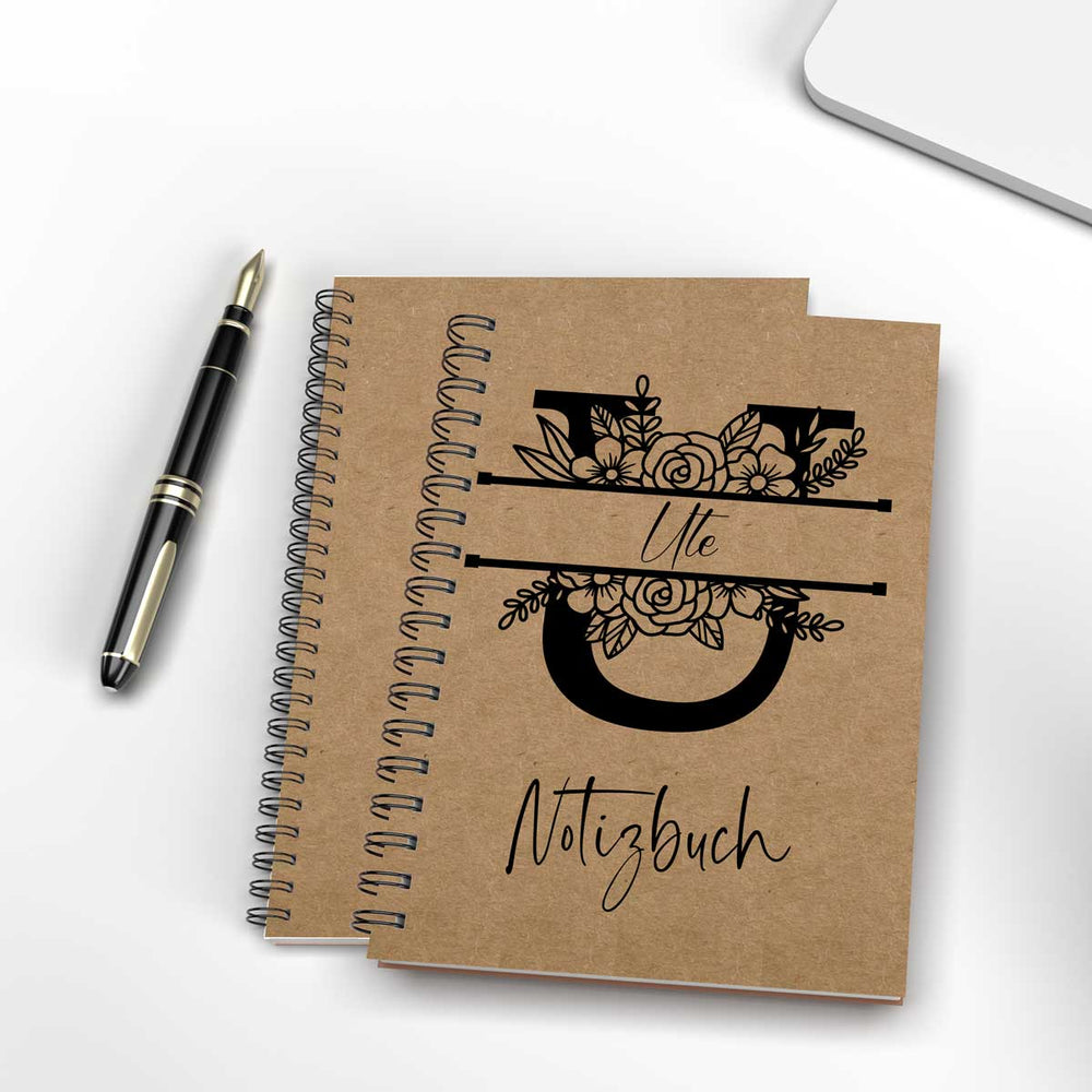 Notizbuch Kraftpapier Deckel DIN A5 personalisiert Blumen Anfangsbuchstabe Name kariert gepunktet liniert - all - yours24