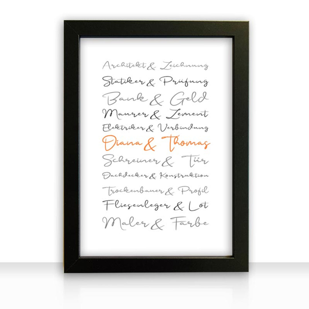 Geschenkidee Bild Häuslebauer Bildgröße DIN A4 Textfarbe orange Umrandung Text ohne