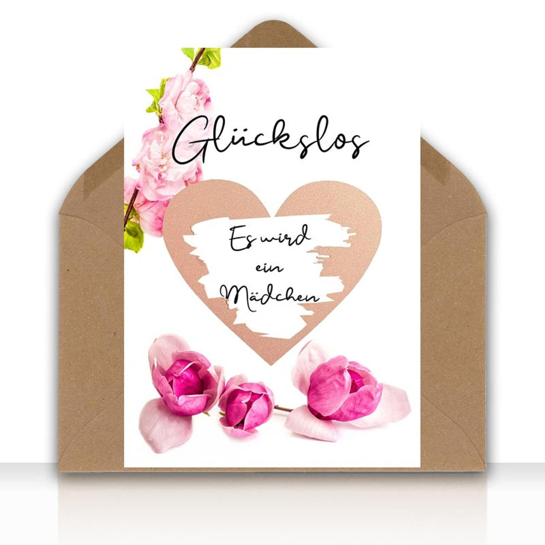 Rubbelkarte Glückslos ES WIRD EIN MÄDCHEN Karte Rubbelherz roségold Geschenke Geschenkideen Schwangerschaft Geburt mit Kraftpapier DIN C6 Umschlag - all - yours24