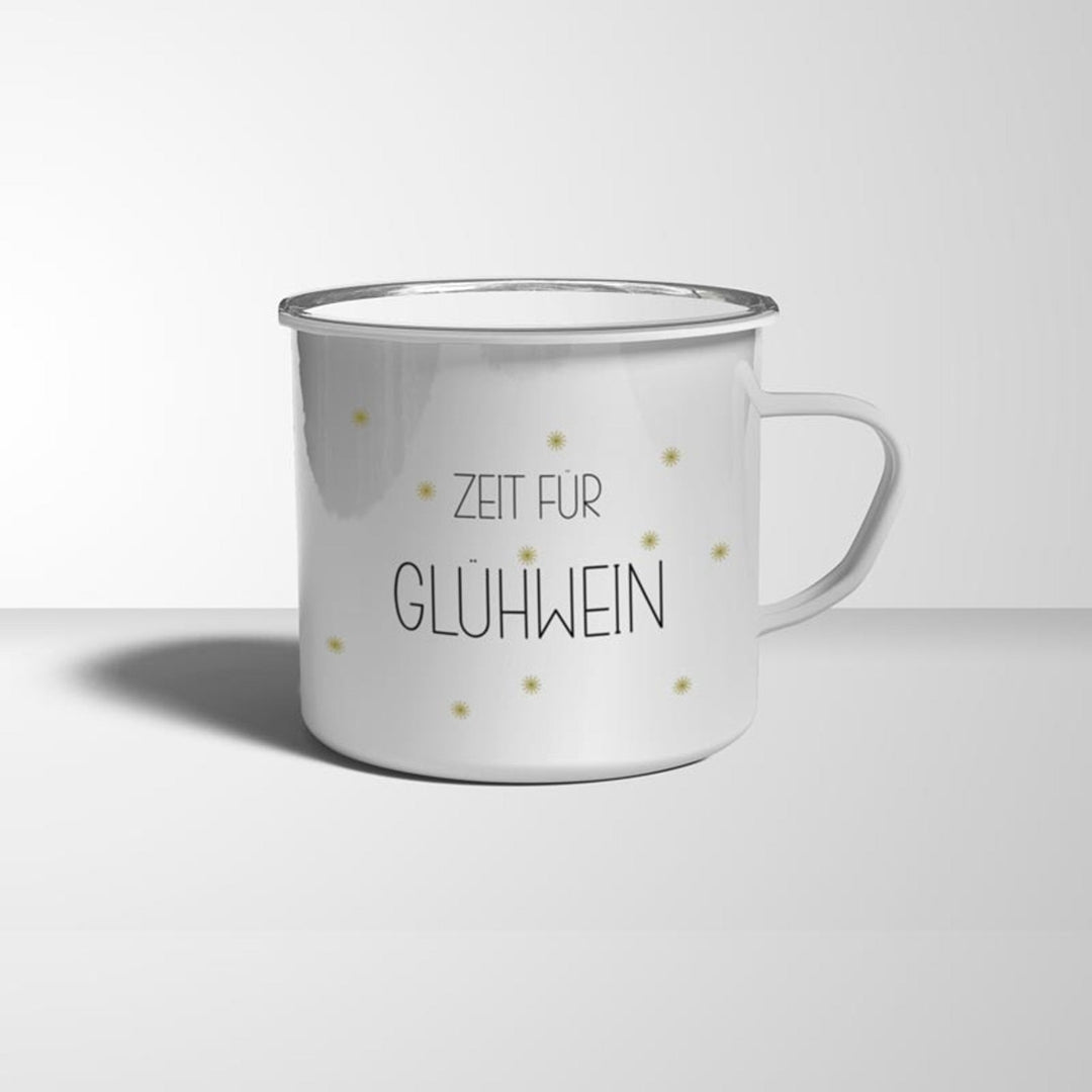 Zeit für Glühwein Emaille Becher weiß silberner Rand - all - yours24